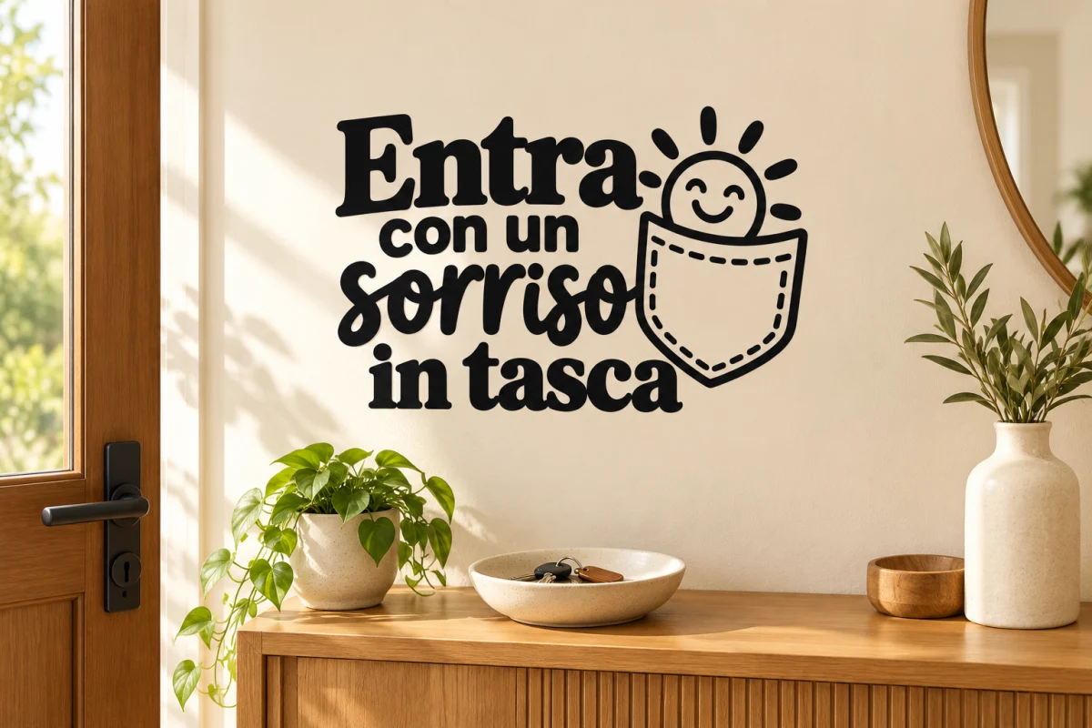 Entra con un sorriso in tasca - simulazione su parete liscia dell'ingresso