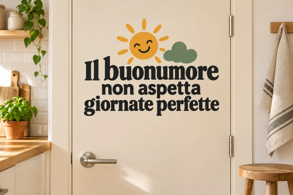 Il buonumore non aspetta giornate perfette - simulazione su porta liscia della dispensa