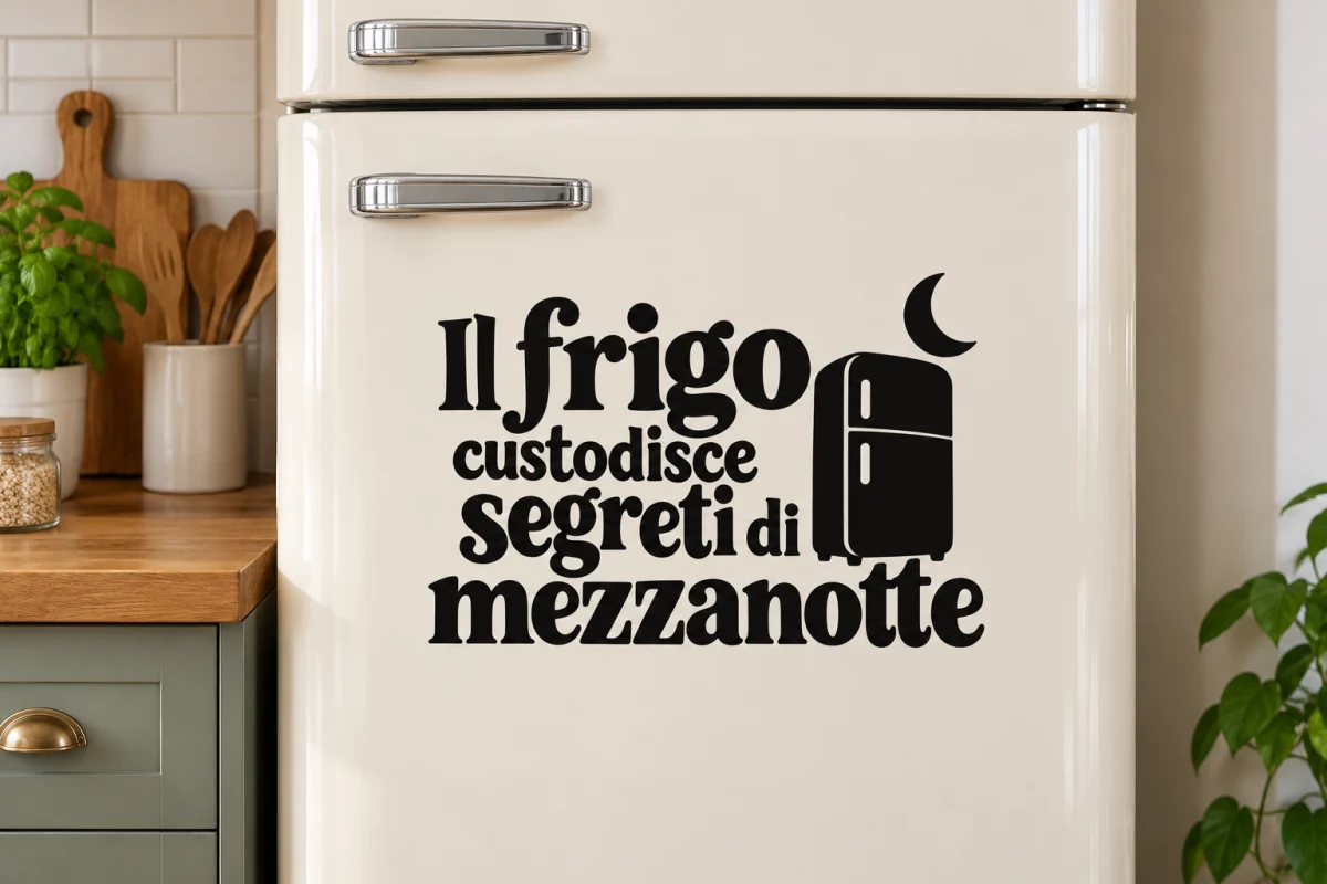 Il frigo custodisce segreti di mezzanotte - simulazione su anta liscia del frigorifero
