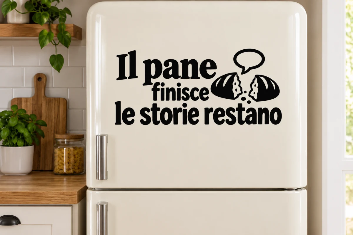 Il pane finisce le storie restano - simulazione su anta liscia del frigorifero