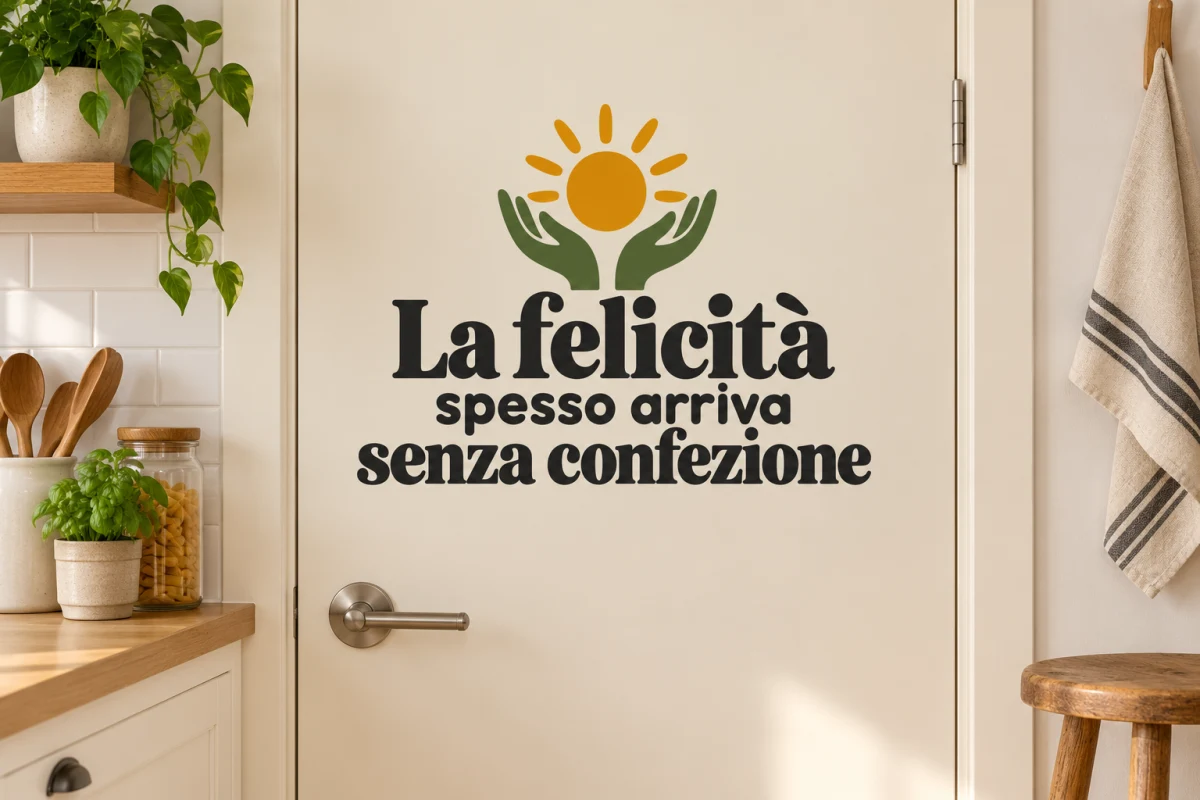 La felicità spesso arriva senza confezione - simulazione su porta liscia della dispensa