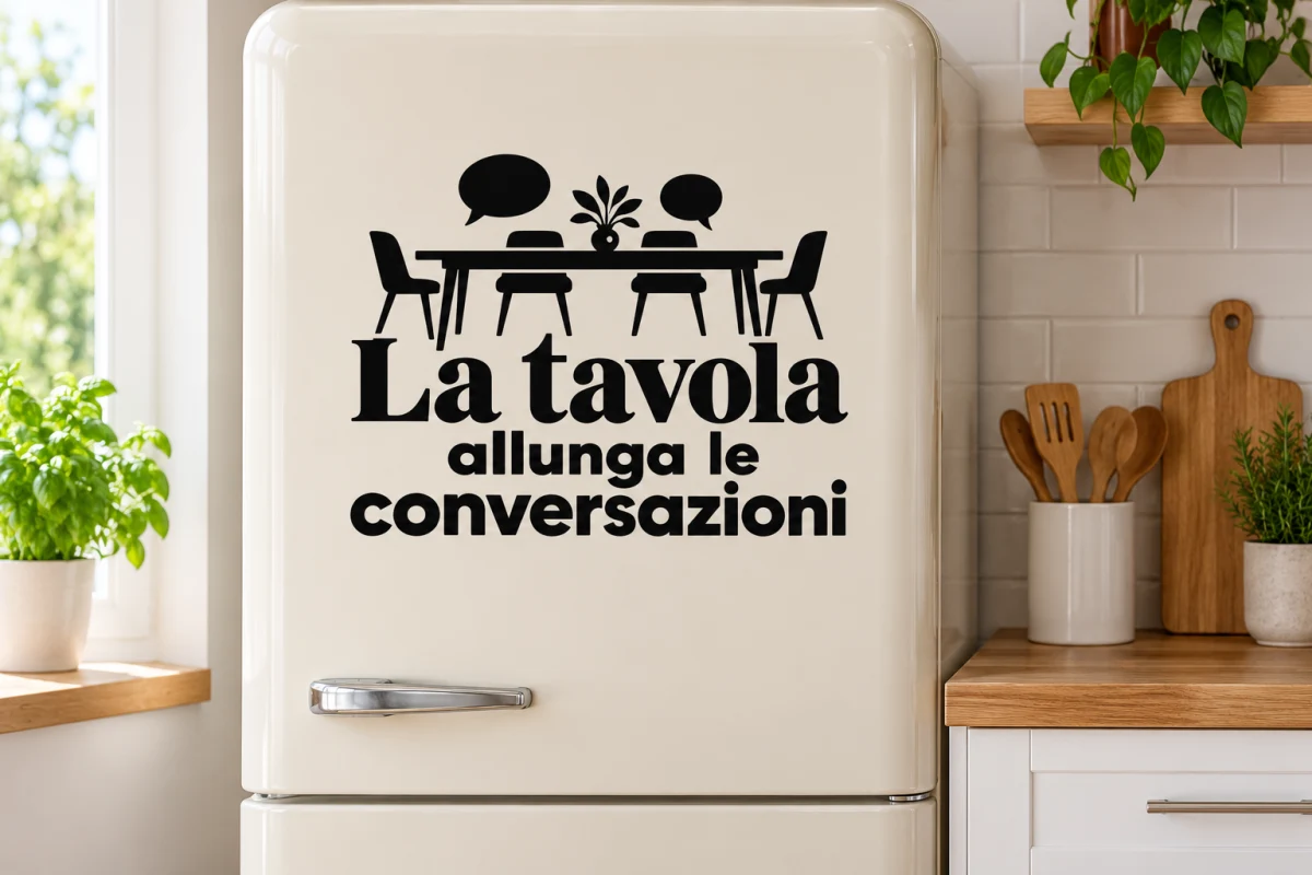 La tavola allunga le conversazioni - simulazione su anta liscia del frigorifero