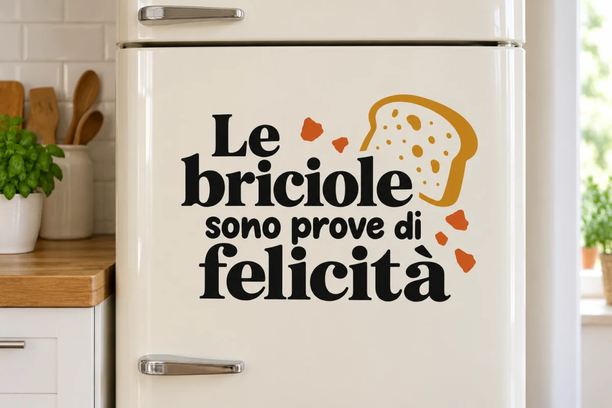 Le briciole sono prove di felicità - simulazione su anta liscia del frigorifero