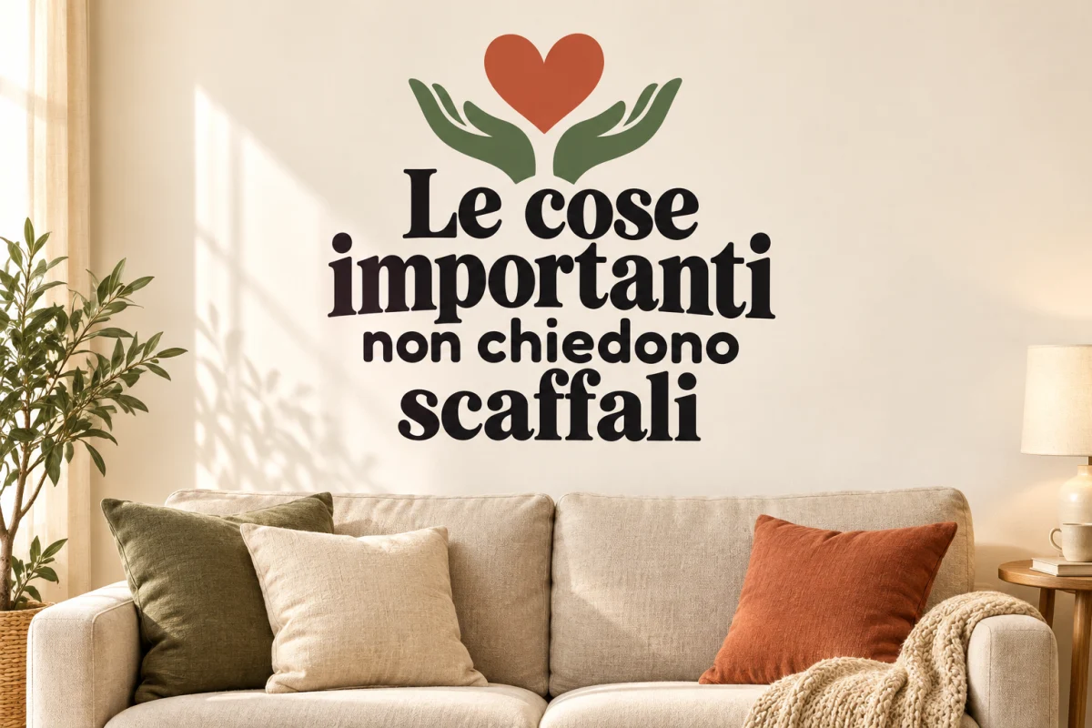 Le cose importanti non chiedono scaffali - simulazione su parete liscia del soggiorno