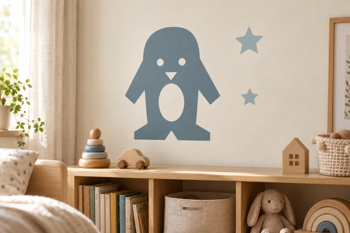 Pinguinetto Piuma e i fiocchi - simulazione fotografica su parete liscia della cameretta
