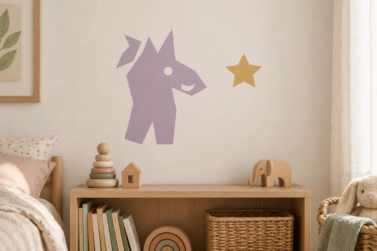 Unicorna Ulia e la stellina - simulazione fotografica su parete liscia della cameretta