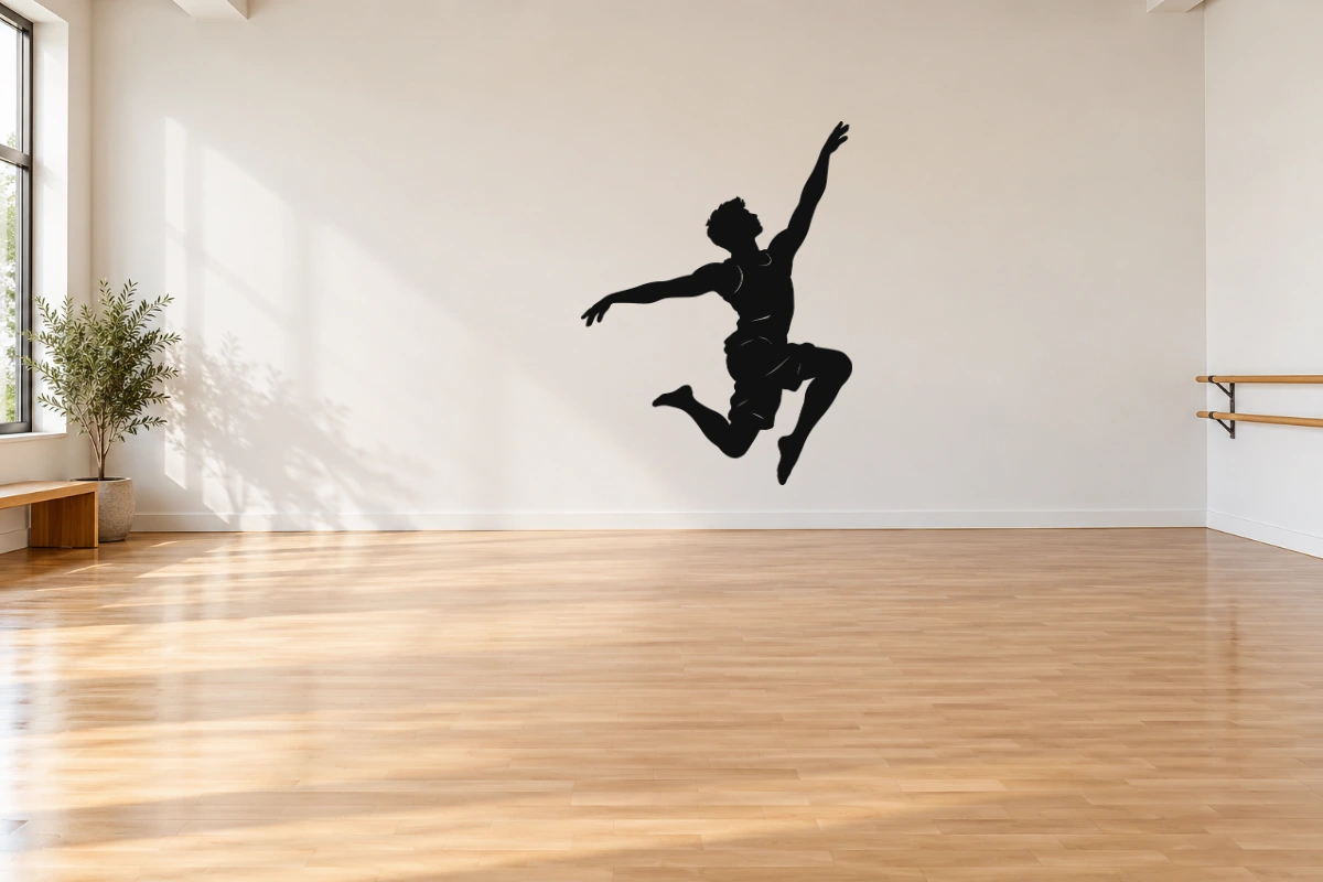 Il salto raccolto del danzatore - stesso adesivo in sala da ballo; scala indicativa, arredi esclusi