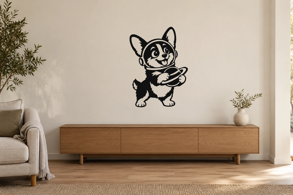 Corgi in orbita - stesso adesivo in ambiente realistico studio; scala indicativa, arredi esclusi