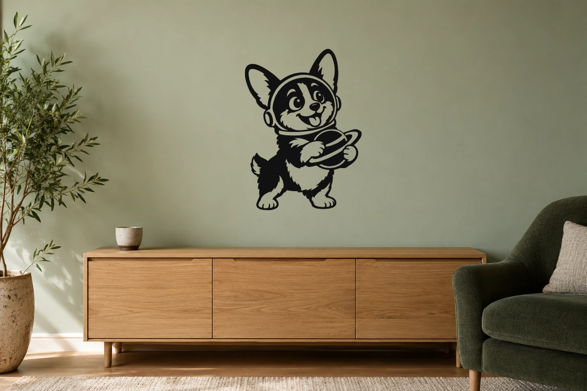 Corgi in orbita - stesso adesivo in ambiente realistico soggiorno; scala indicativa, arredi esclusi