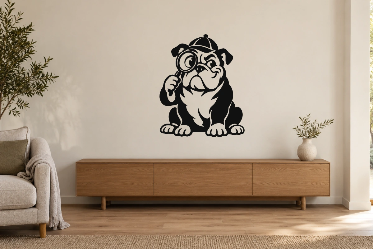 Bulldog investigatore - stesso adesivo in ambiente realistico studio; scala indicativa, arredi esclusi