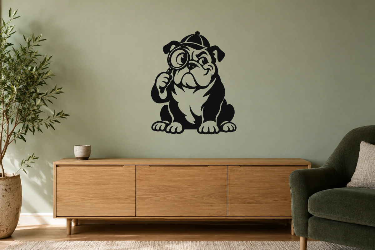 Bulldog investigatore - stesso adesivo in ambiente realistico soggiorno; scala indicativa, arredi esclusi