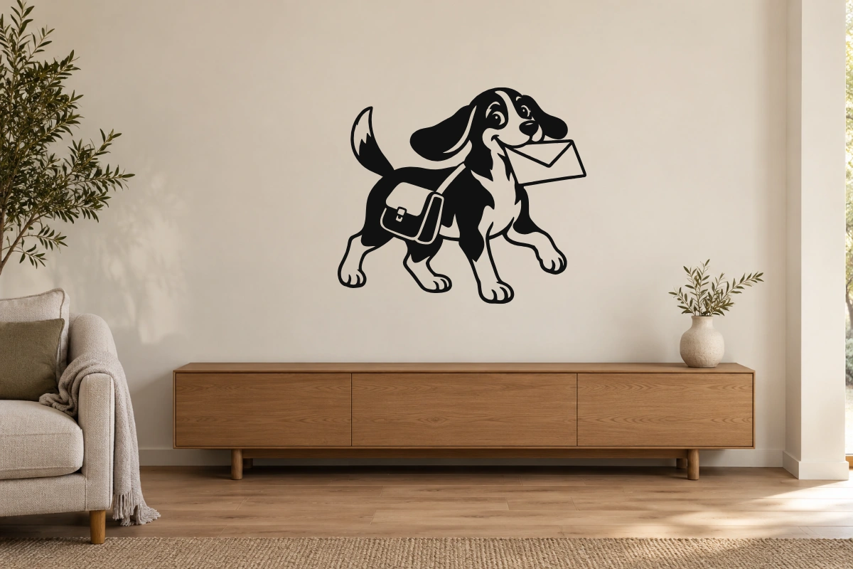 Beagle postino - stesso adesivo in ambiente realistico studio; scala indicativa, arredi esclusi