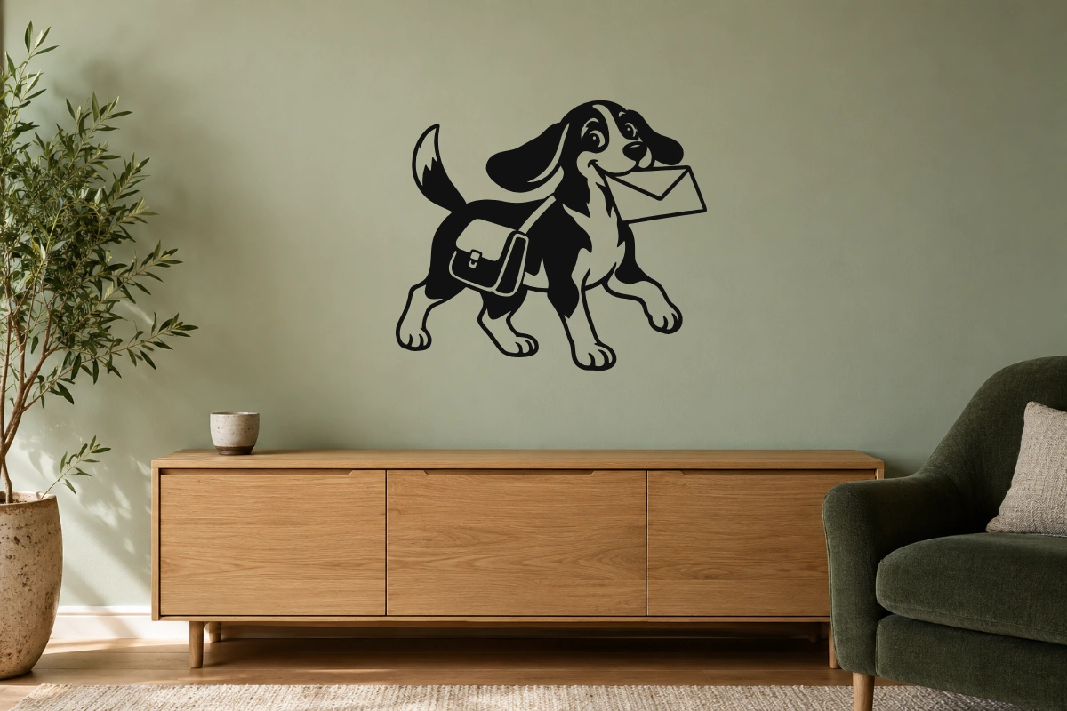 Beagle postino - stesso adesivo in ambiente realistico soggiorno; scala indicativa, arredi esclusi