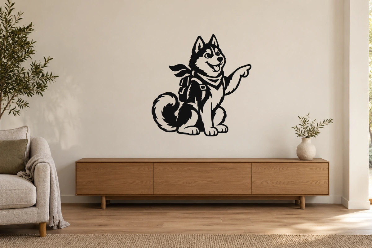Husky esploratore - stesso adesivo in ambiente realistico studio; scala indicativa, arredi esclusi