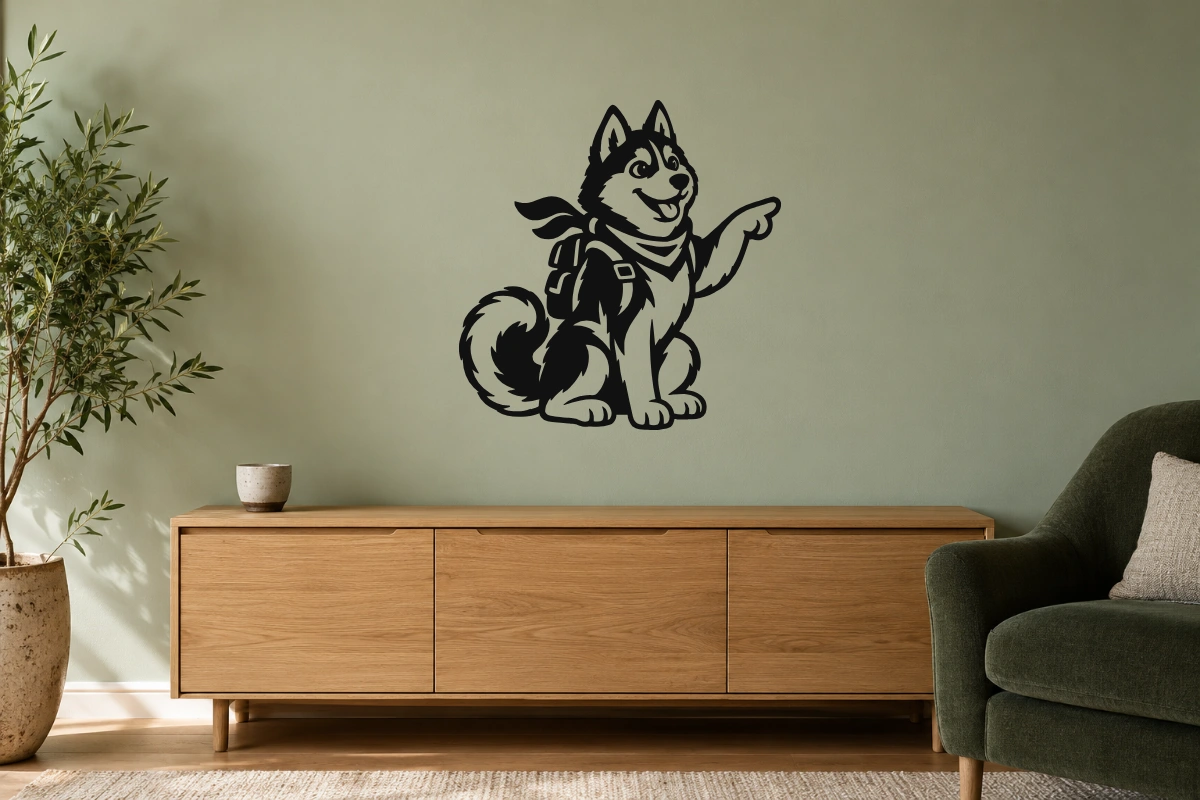 Husky esploratore - stesso adesivo in ambiente realistico soggiorno; scala indicativa, arredi esclusi
