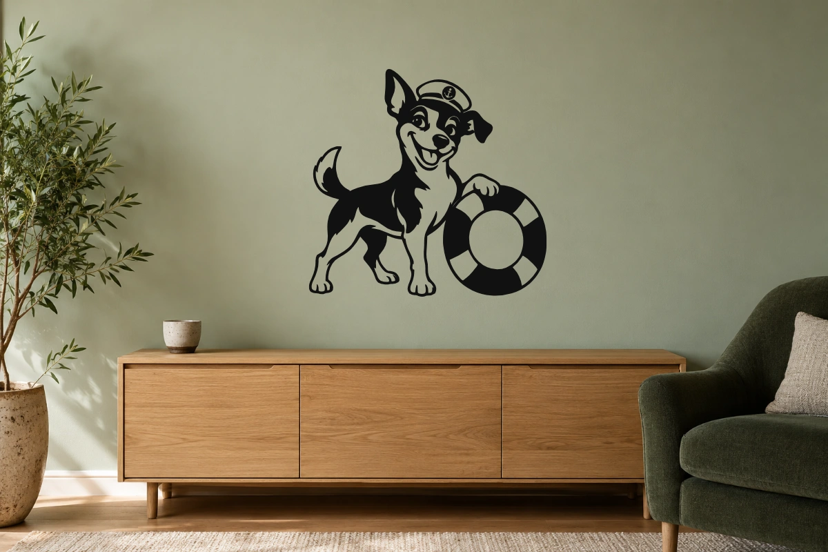 Jack Russell capitano - stesso adesivo in ambiente realistico soggiorno; scala indicativa, arredi esclusi