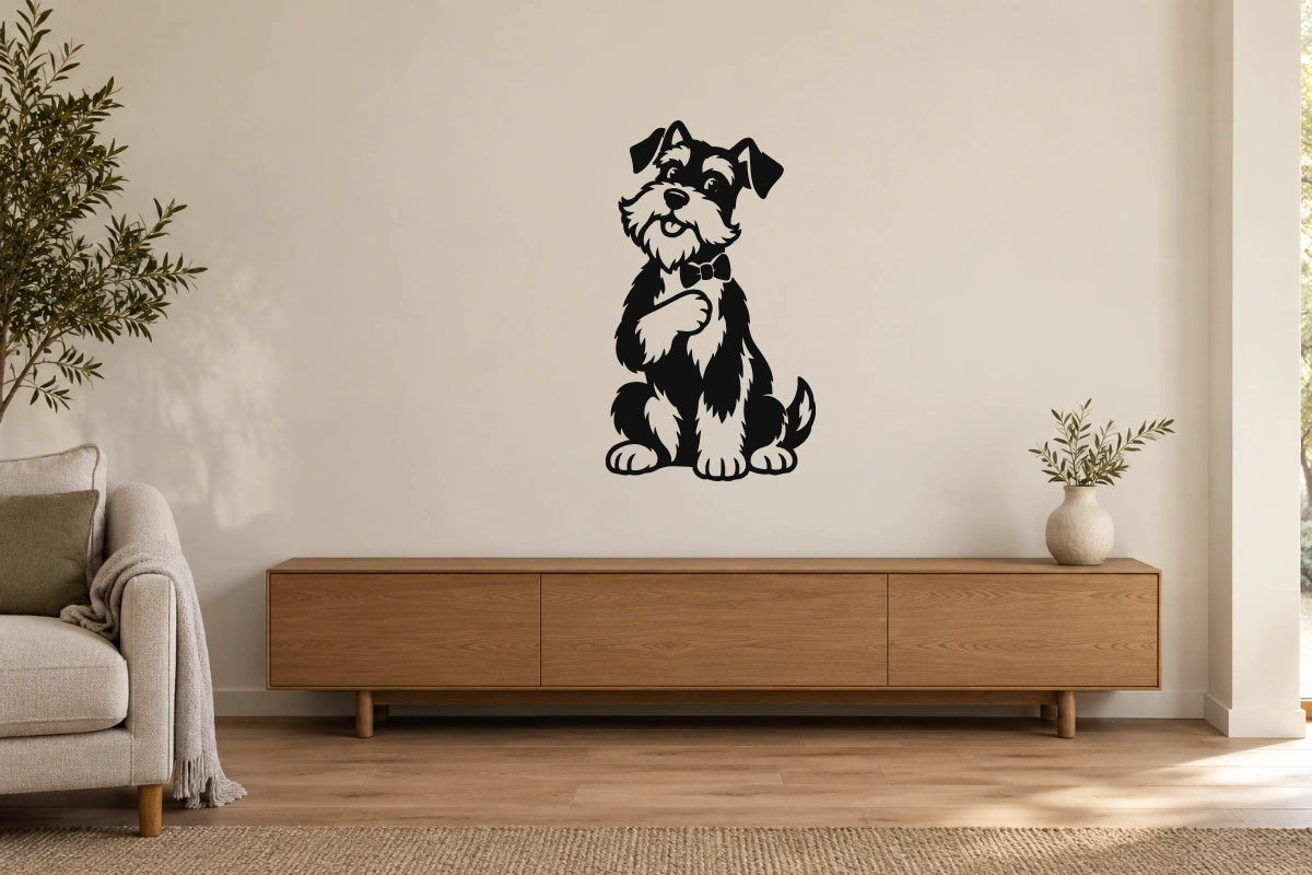 Schnauzer gentiluomo - stesso adesivo in ambiente realistico studio; scala indicativa, arredi esclusi