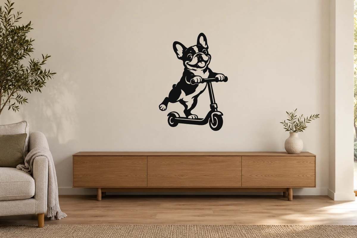 Bouledogue sul monopattino - stesso adesivo in ambiente realistico studio; scala indicativa, arredi esclusi