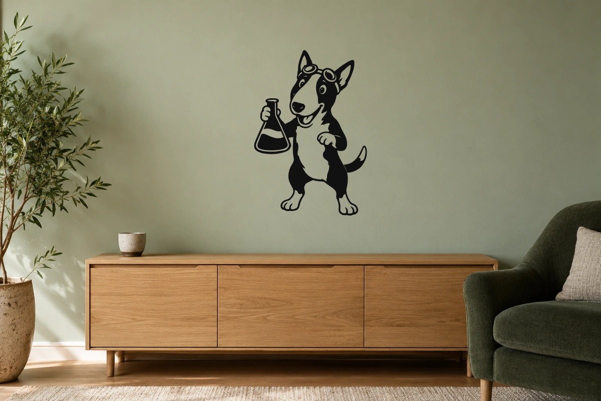 Bull terrier scienziato - stesso adesivo in ambiente realistico soggiorno; scala indicativa, arredi esclusi