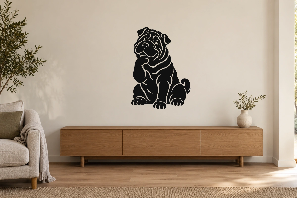 Shar pei filosofo - stesso adesivo in ambiente realistico studio; scala indicativa, arredi esclusi