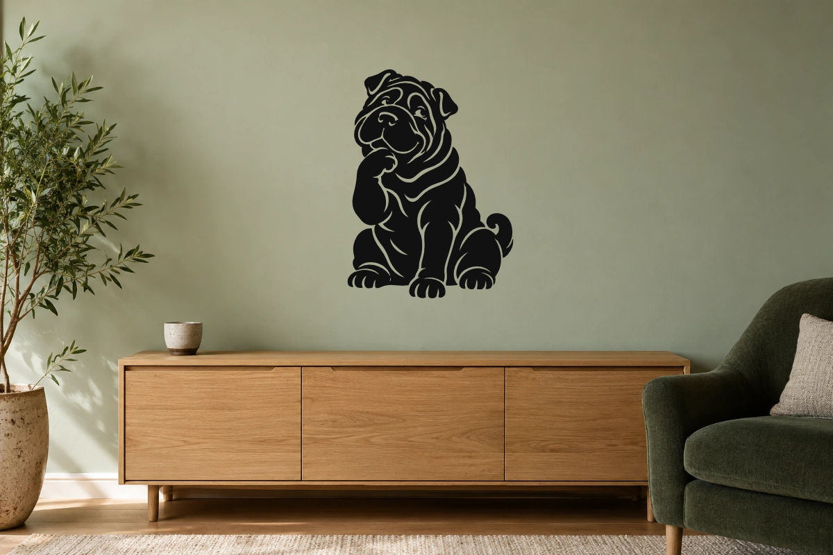 Shar pei filosofo - stesso adesivo in ambiente realistico soggiorno; scala indicativa, arredi esclusi