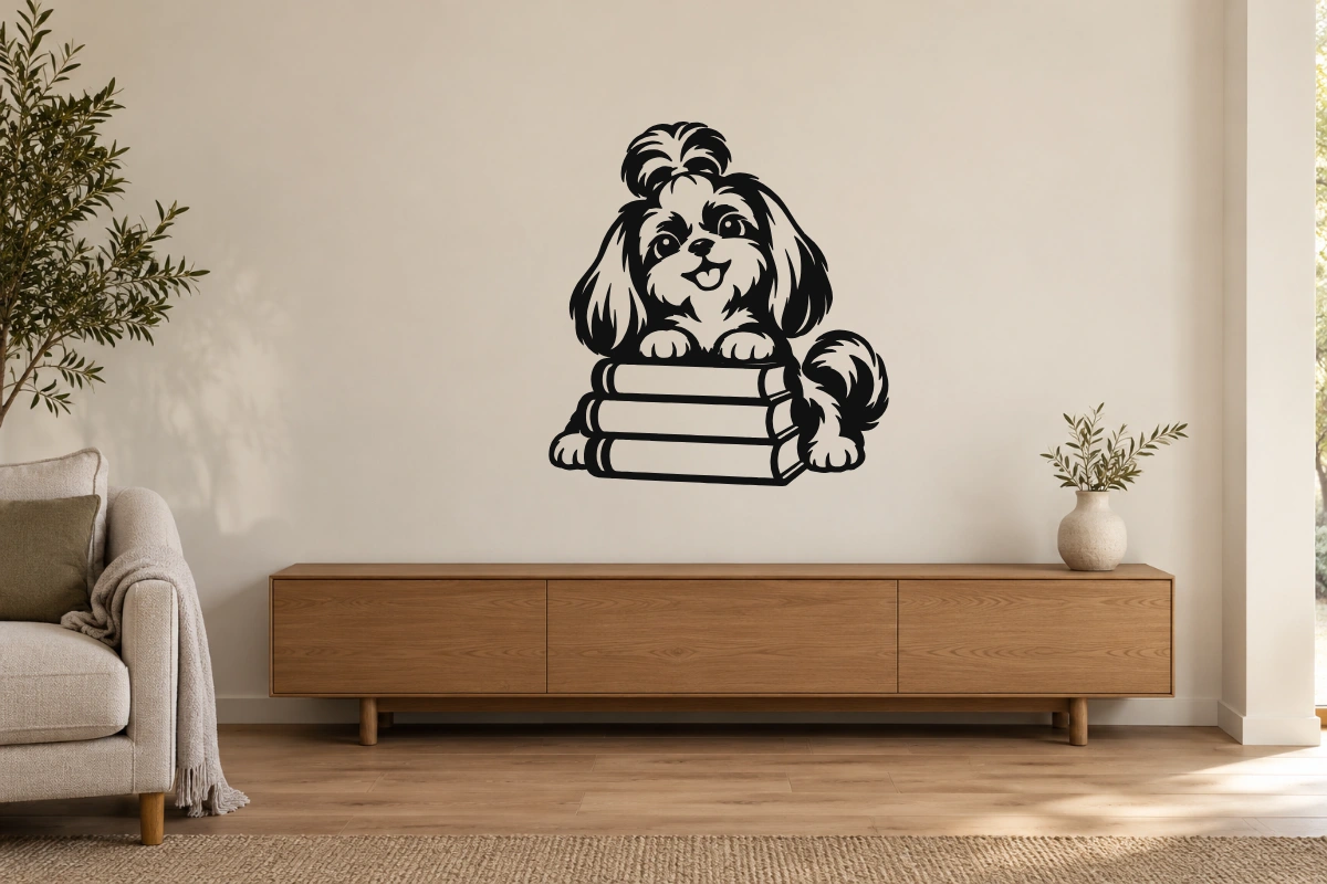 Shih tzu libraio - stesso adesivo in ambiente realistico studio; scala indicativa, arredi esclusi