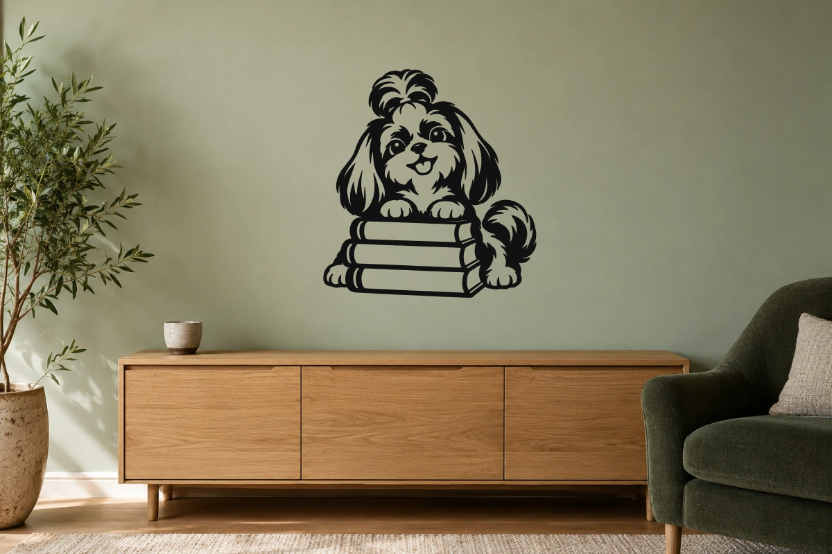 Shih tzu libraio - stesso adesivo in ambiente realistico soggiorno; scala indicativa, arredi esclusi