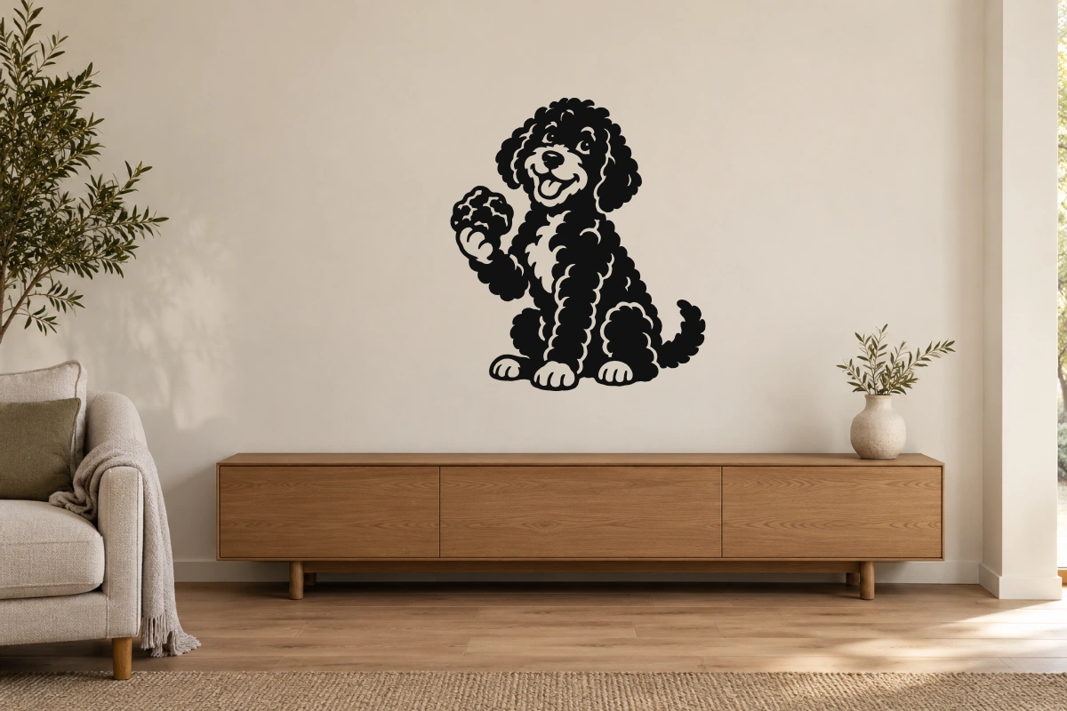 Lagotto cercatore - stesso adesivo in ambiente realistico studio; scala indicativa, arredi esclusi