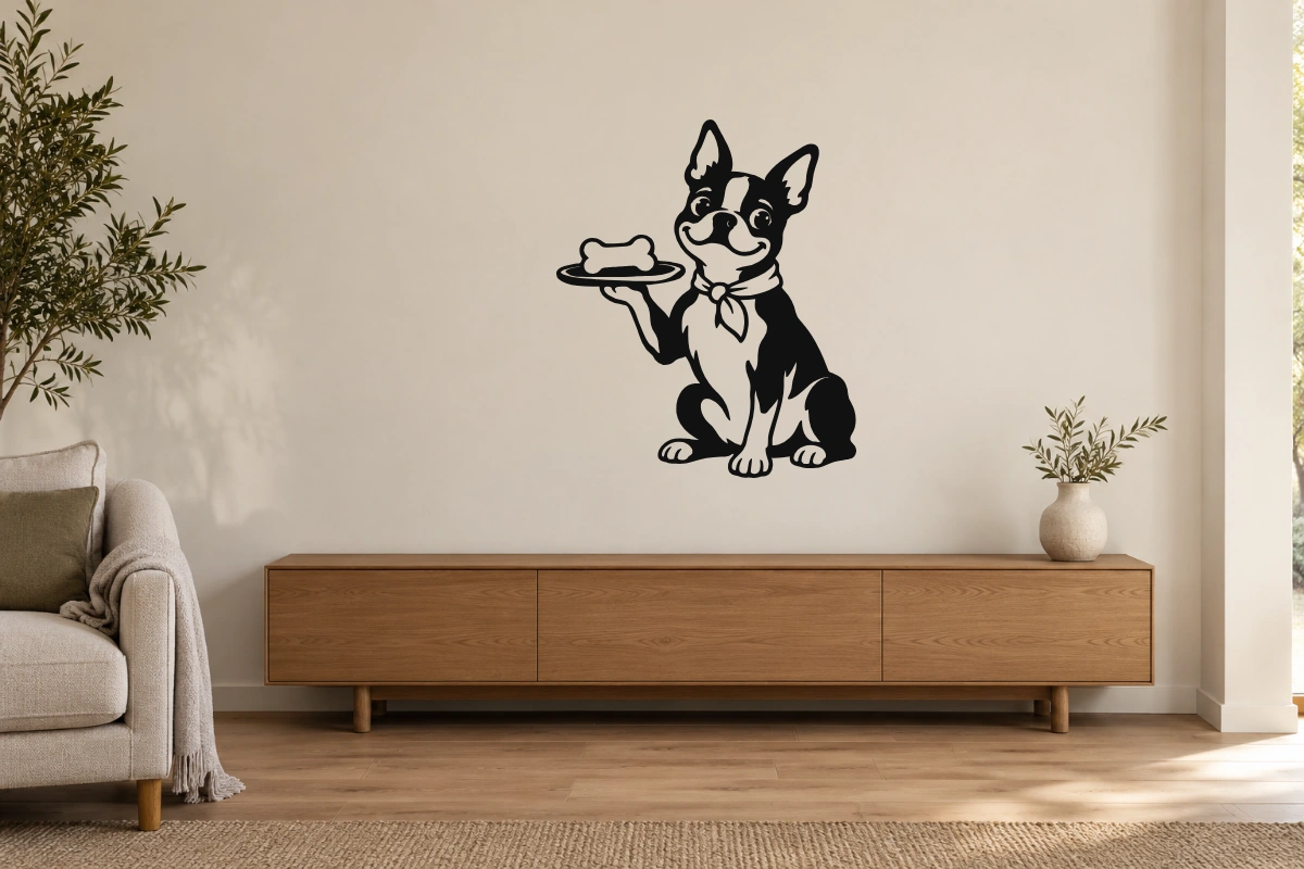 Boston terrier chef - stesso adesivo in ambiente realistico studio; scala indicativa, arredi esclusi