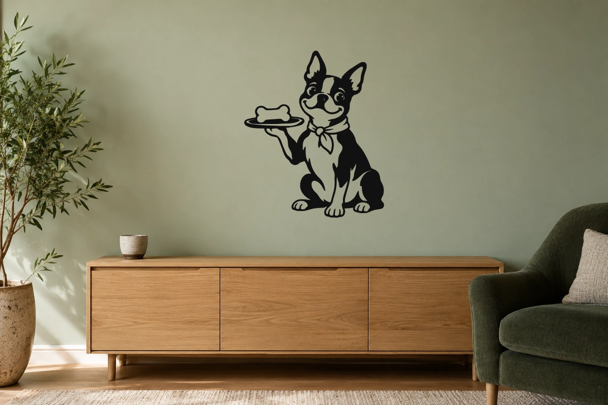 Boston terrier chef - stesso adesivo in ambiente realistico soggiorno; scala indicativa, arredi esclusi
