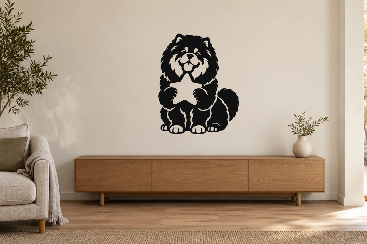 Chow chow guardiano della luna - stesso adesivo in ambiente realistico studio; scala indicativa, arredi esclusi