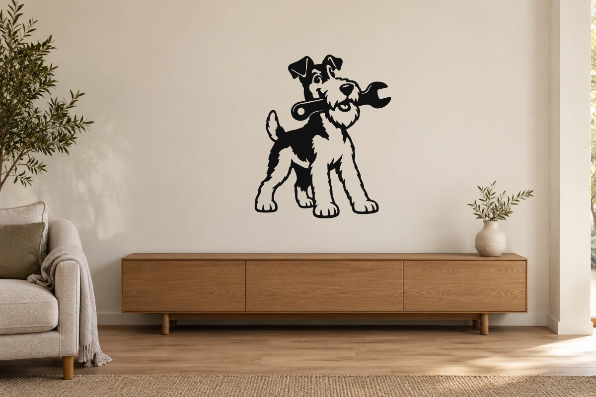 Fox terrier tuttofare - stesso adesivo in ambiente realistico studio; scala indicativa, arredi esclusi