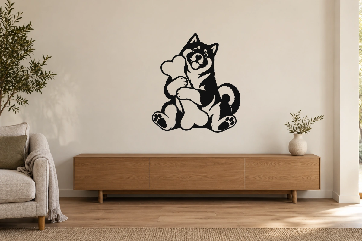 Akita americano coccole - stesso adesivo in ambiente realistico studio; scala indicativa, arredi esclusi