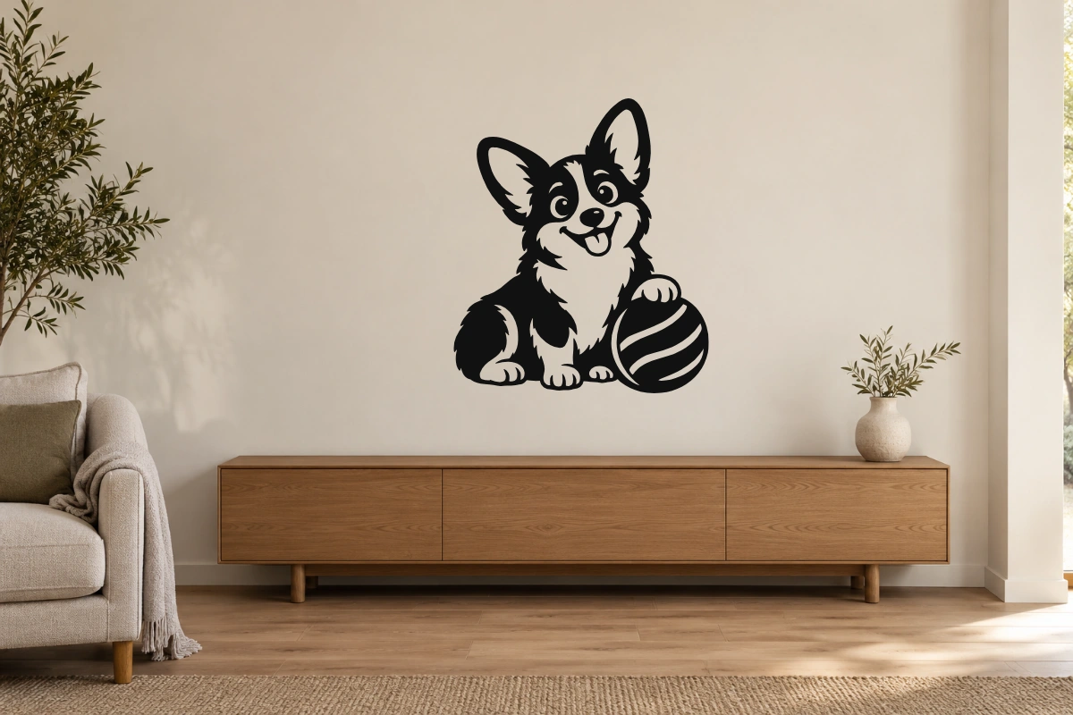 Corgi gomitolo - stesso adesivo in ambiente realistico studio; scala indicativa, arredi esclusi
