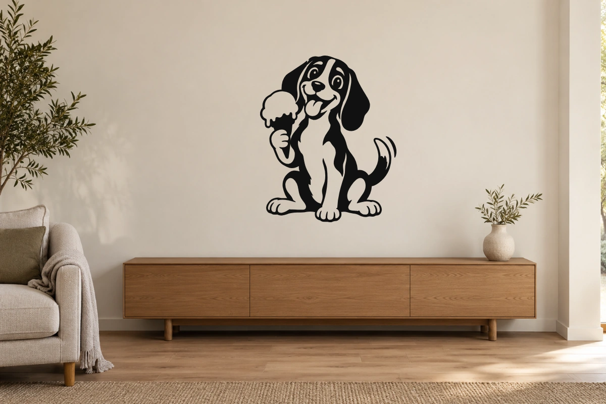 Beagle gelataio - stesso adesivo in ambiente realistico studio; scala indicativa, arredi esclusi