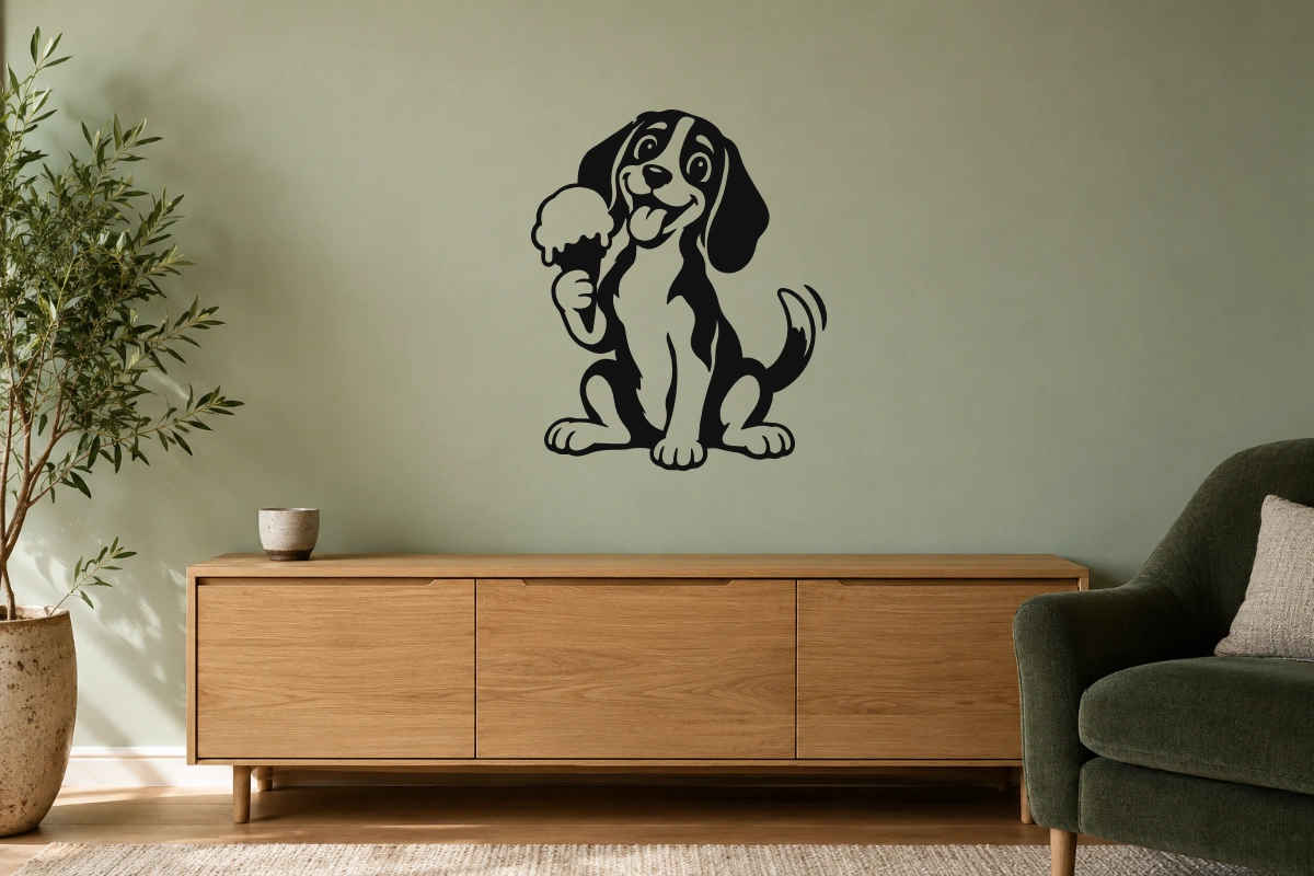 Beagle gelataio - stesso adesivo in ambiente realistico soggiorno; scala indicativa, arredi esclusi
