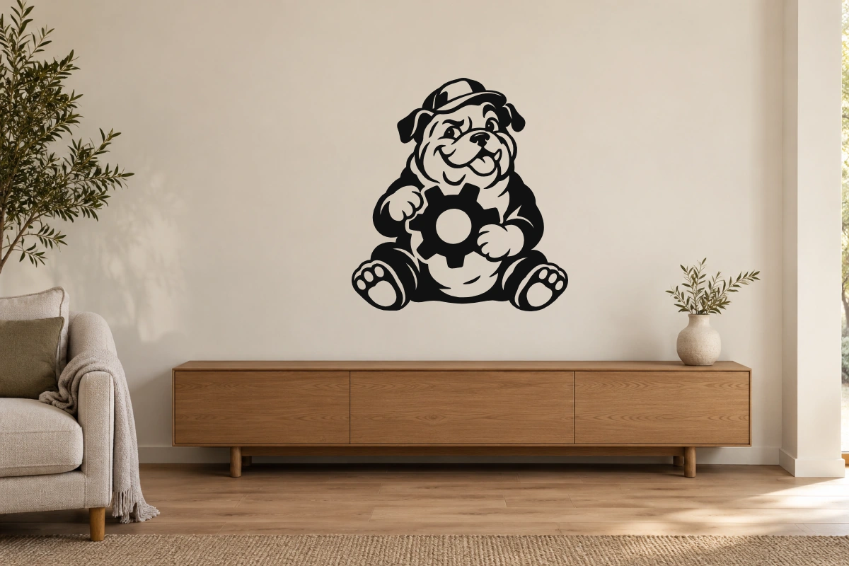 Bulldog meccanico - stesso adesivo in ambiente realistico studio; scala indicativa, arredi esclusi