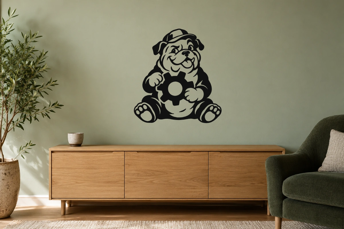 Bulldog meccanico - stesso adesivo in ambiente realistico soggiorno; scala indicativa, arredi esclusi