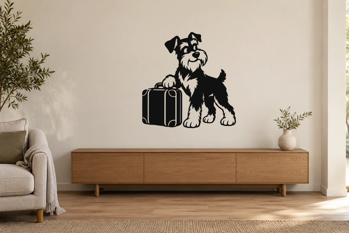 Schnauzer viaggiatore - stesso adesivo in ambiente realistico studio; scala indicativa, arredi esclusi