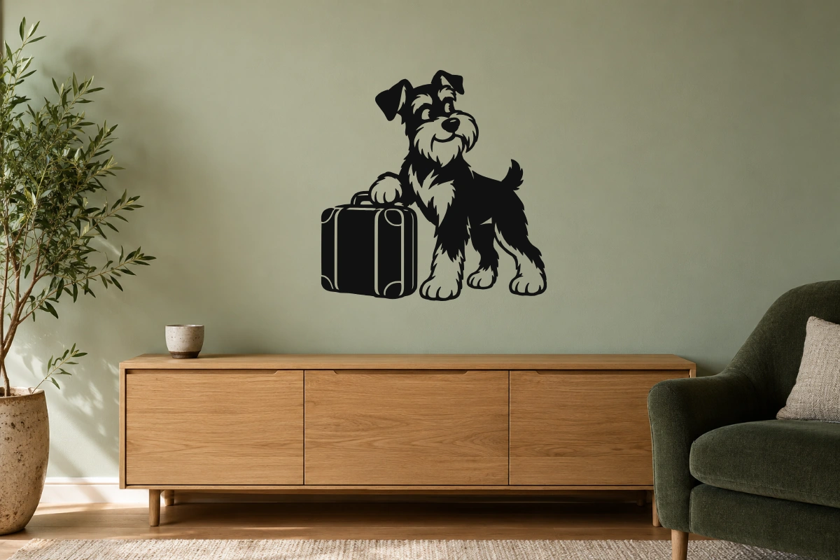 Schnauzer viaggiatore - stesso adesivo in ambiente realistico soggiorno; scala indicativa, arredi esclusi