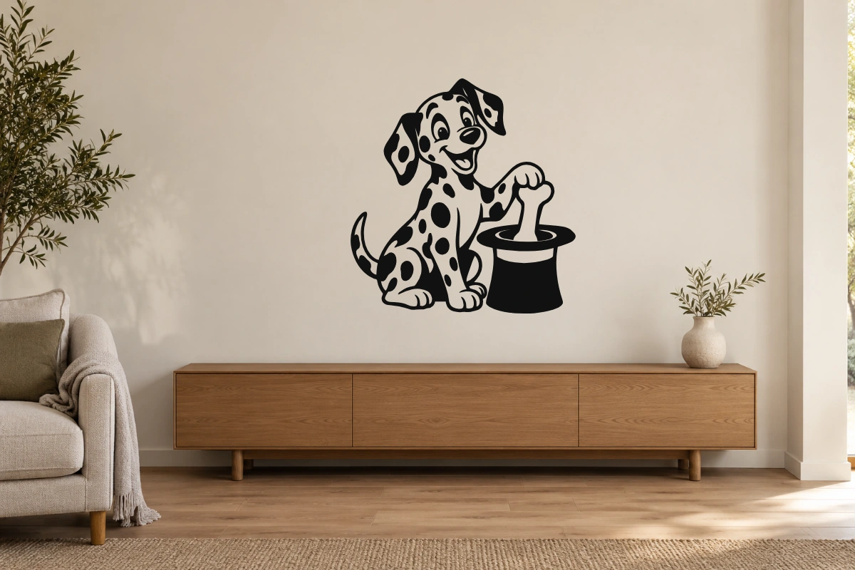Dalmata piccolo mago - stesso adesivo in ambiente realistico studio; scala indicativa, arredi esclusi