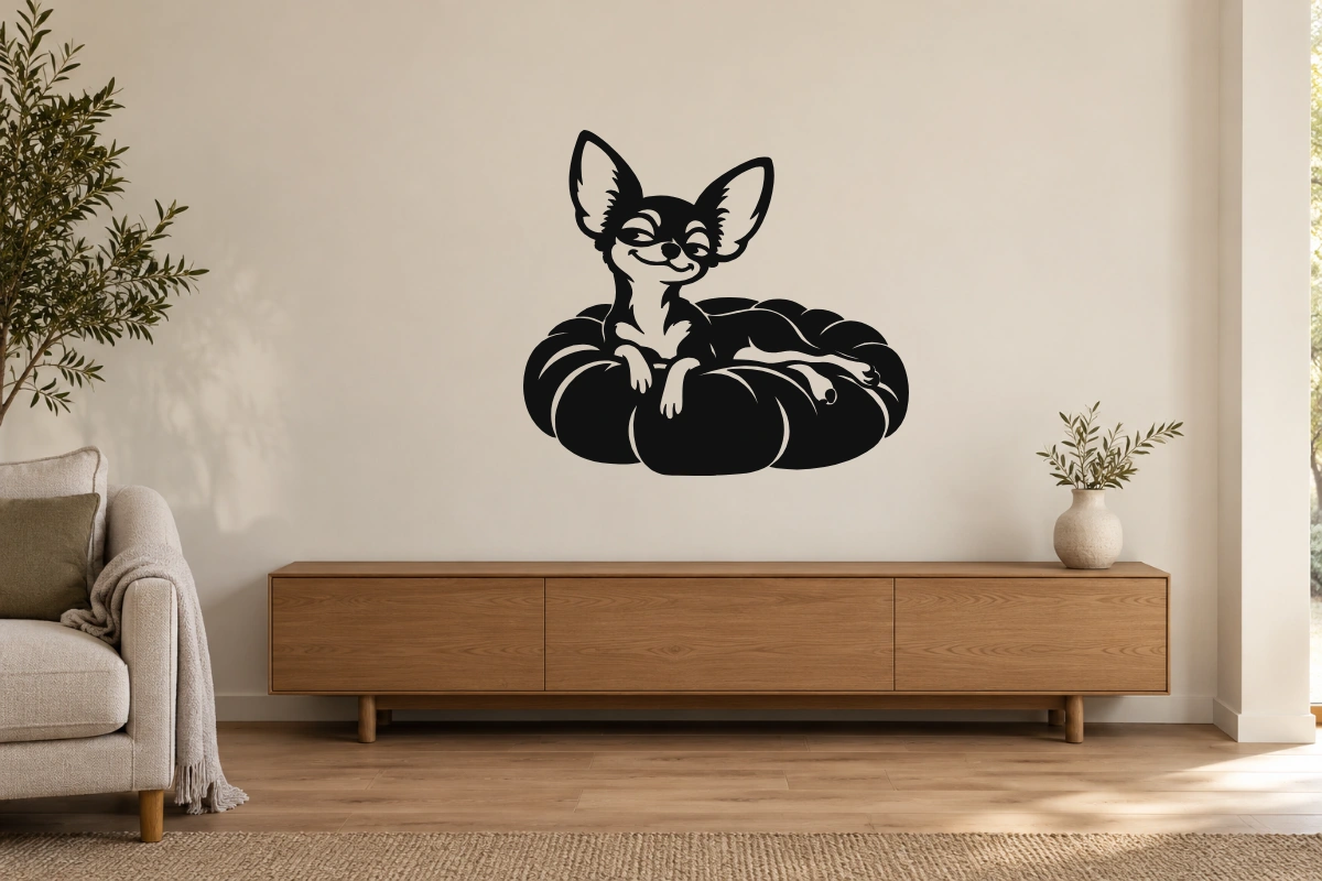 Chihuahua campione di divano - stesso adesivo in ambiente realistico studio; scala indicativa, arredi esclusi