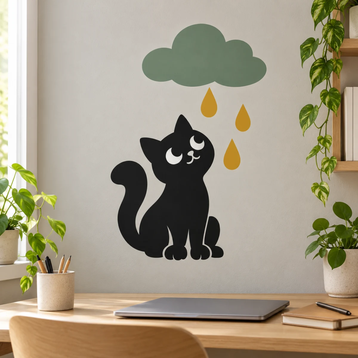 Gatto sotto la pioggia gentile - simulazione su parete liscia dello studio