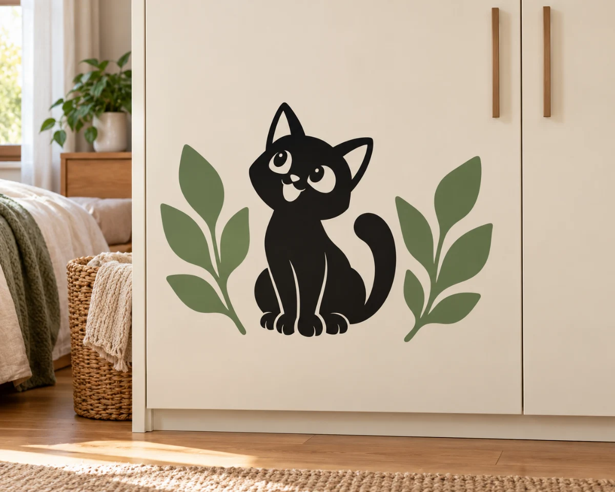 Gatto tra due foglie - simulazione su anta liscia dell'armadio