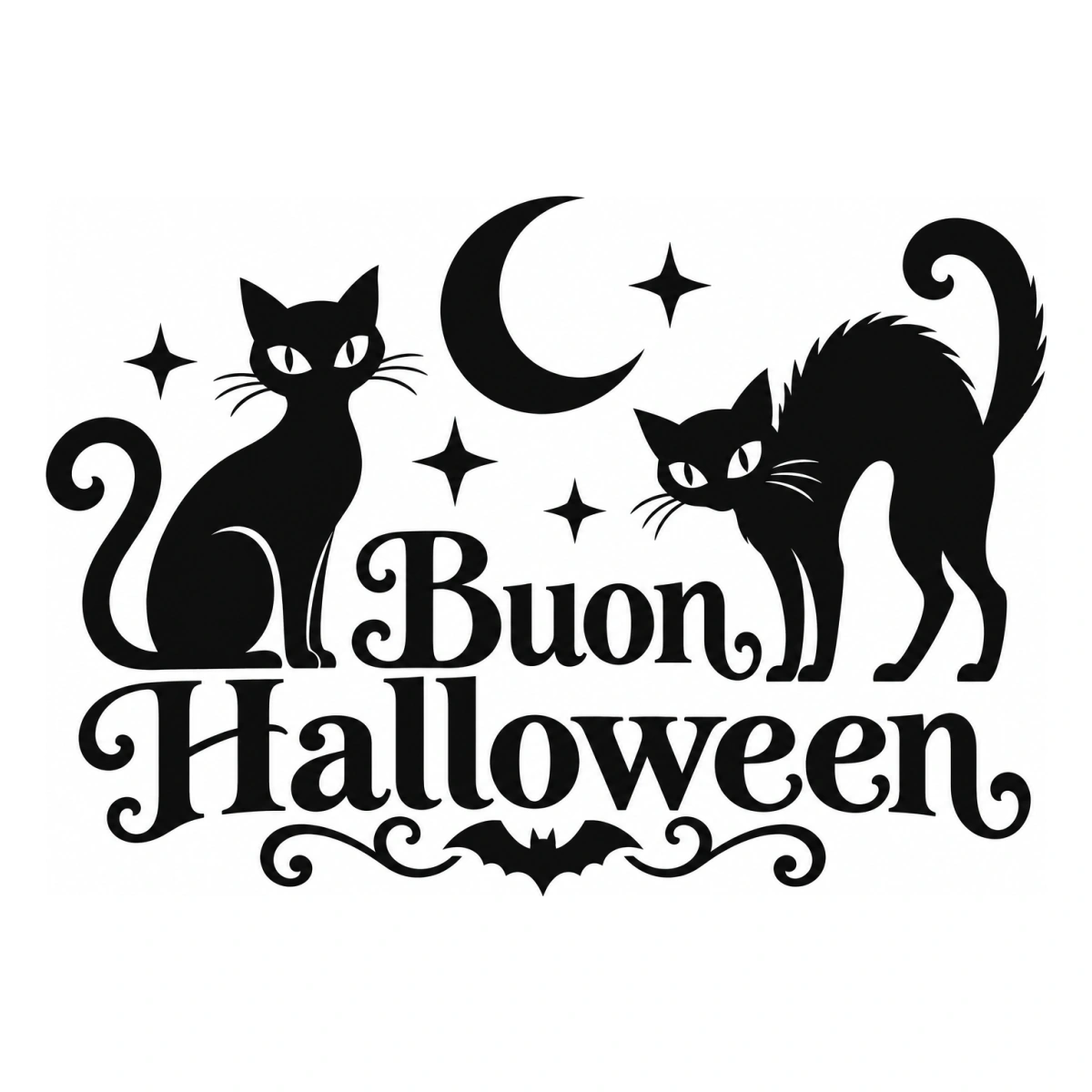 Vetrofania Halloween nera - Gatti e mezzaluna