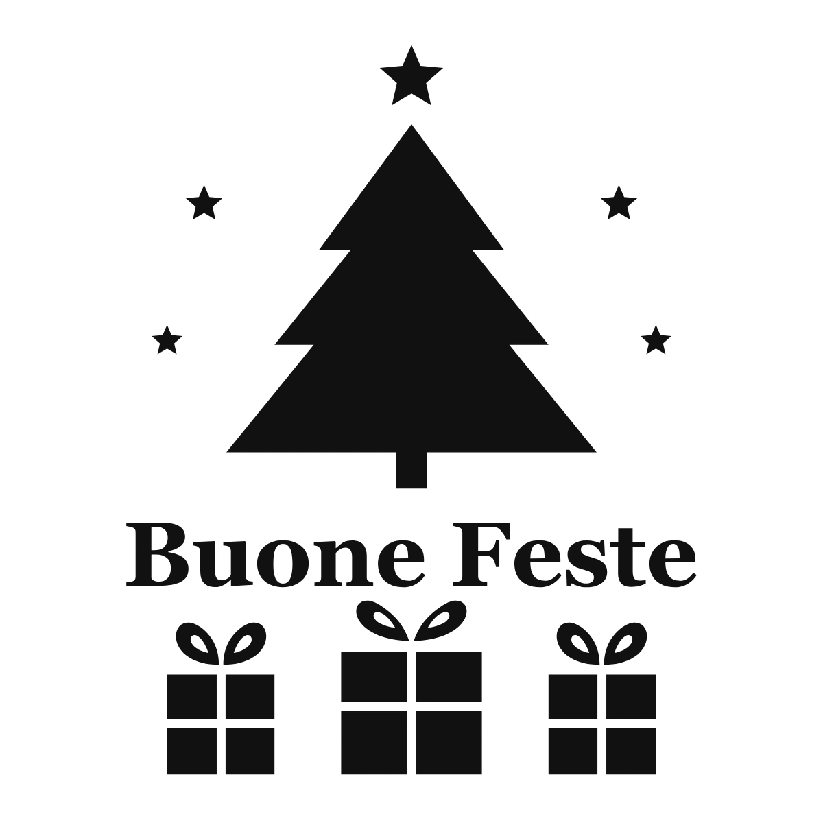 Vetrofania Buone Feste con albero e regali