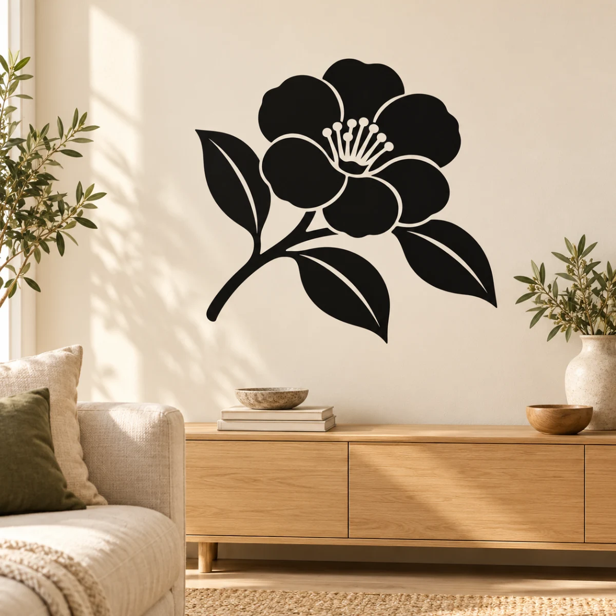 Camelia sul ramo - simulazione su parete liscia del soggiorno