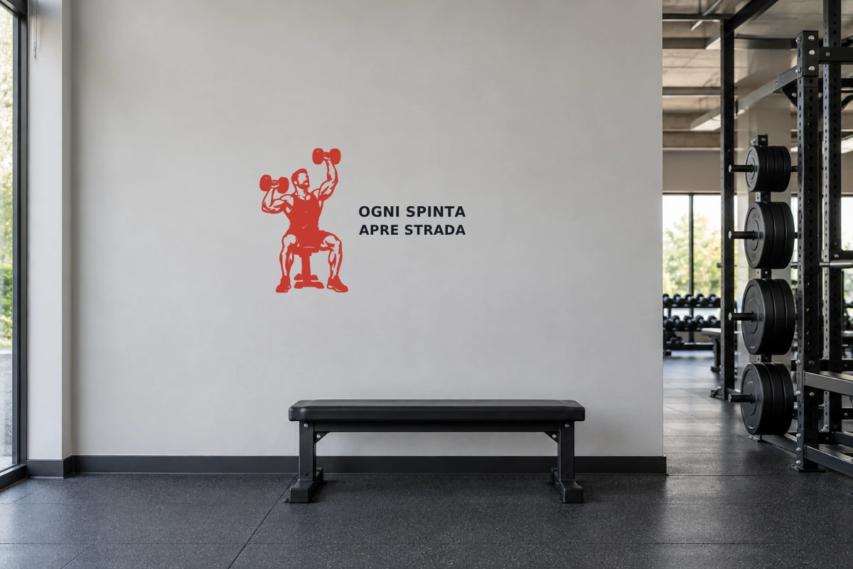 Esempio ambientato di posa su parete liscia della palestra; simulazione dello stesso disegno vettoriale; scala ambientata indicativa