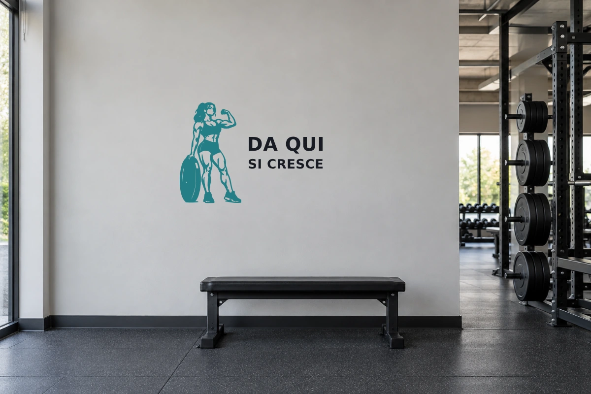 Esempio ambientato di posa su parete liscia della palestra; simulazione dello stesso disegno vettoriale; scala ambientata indicativa