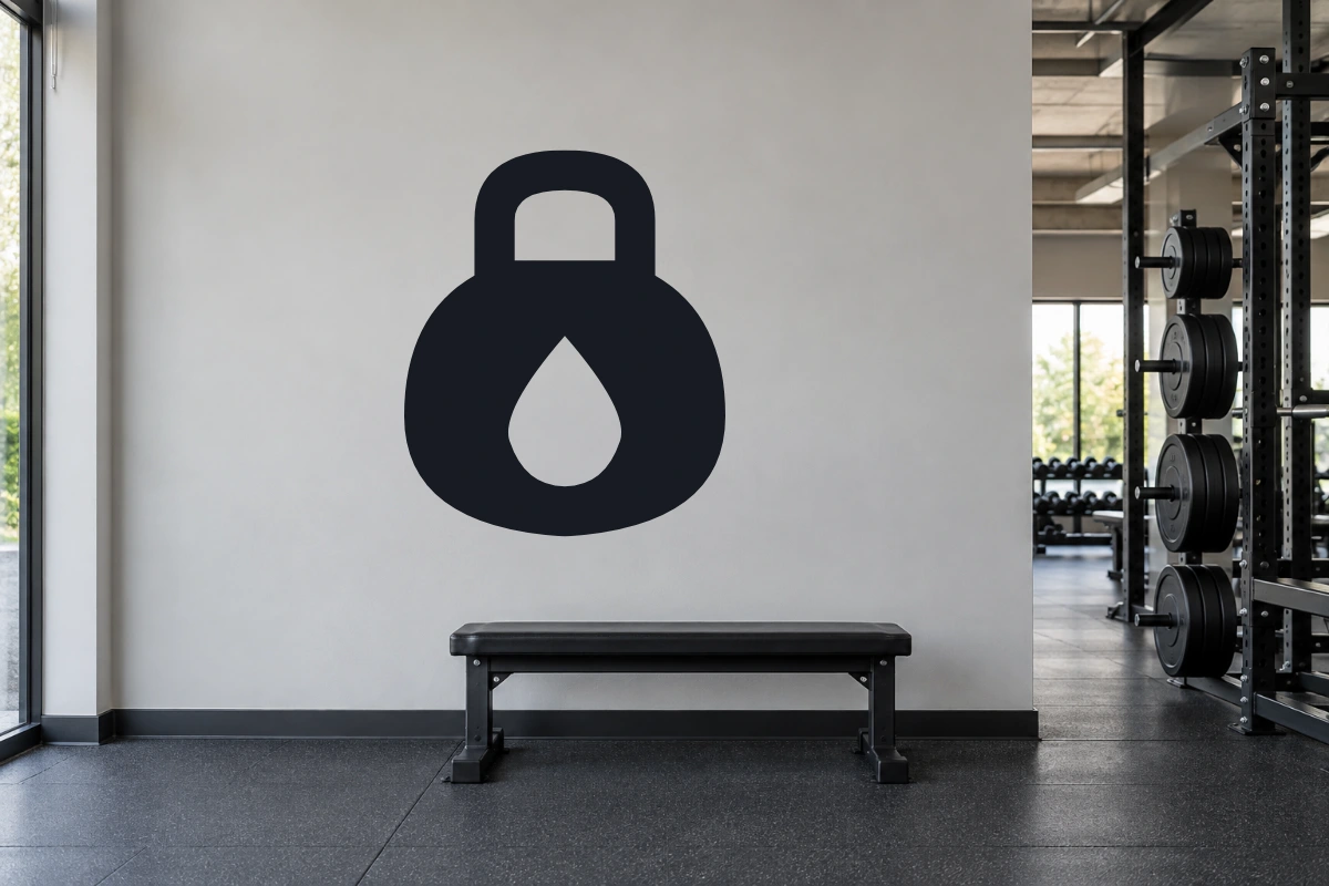 Kettlebell Equilibrio | Adesivo originale per palestre - simulazione fotografica di posa dello stesso disegno vettoriale, colori e proporzioni fedeli; scala ambientata indicativa